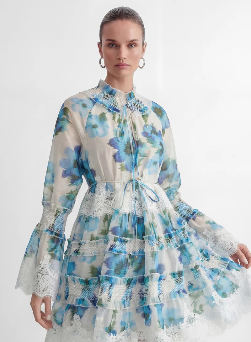 Sunfere  Exceptionally Pristine Blue Floral Print Lace Trim Mini Dress for Women | Best Price UAE