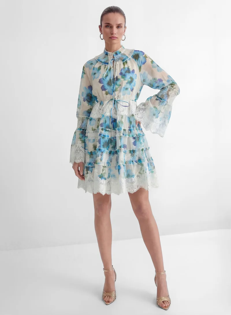 Sunfere Exceptionally Pristine Blue Floral Print Lace Trim Mini Dress