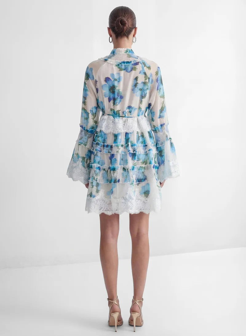 Sunfere  Exceptionally Pristine Blue Floral Print Lace Trim Mini Dress for Women | Best Price UAE