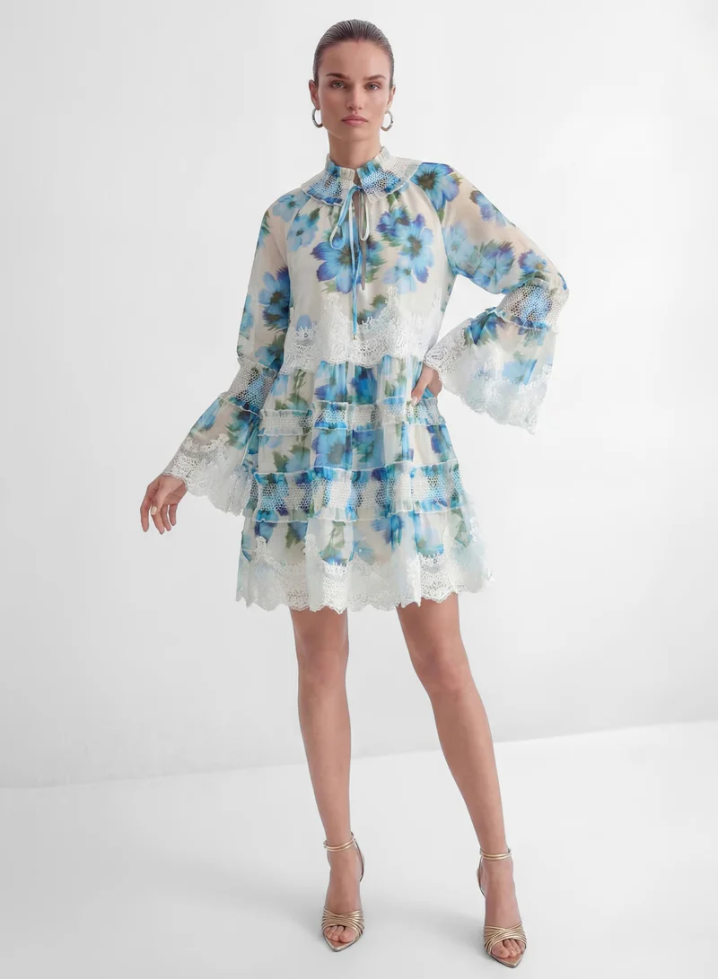 Sunfere  Exceptionally Pristine Blue Floral Print Lace Trim Mini Dress for Women | Best Price UAE