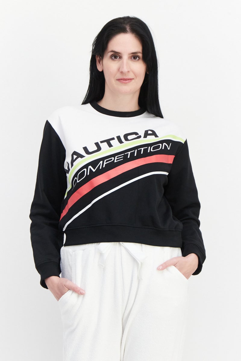 NAUTICA Women Crew Neck Graphic Print Long Sleeve Sweatshirt, Black Combo - Image 1