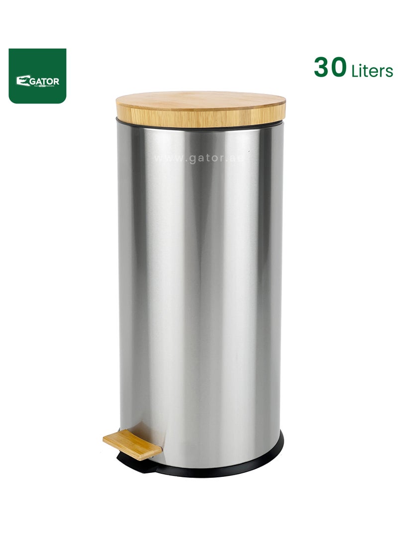 Gator - Gator Pedal Bin with Soft Close Bamboo Lid 30L Silver - Image 1