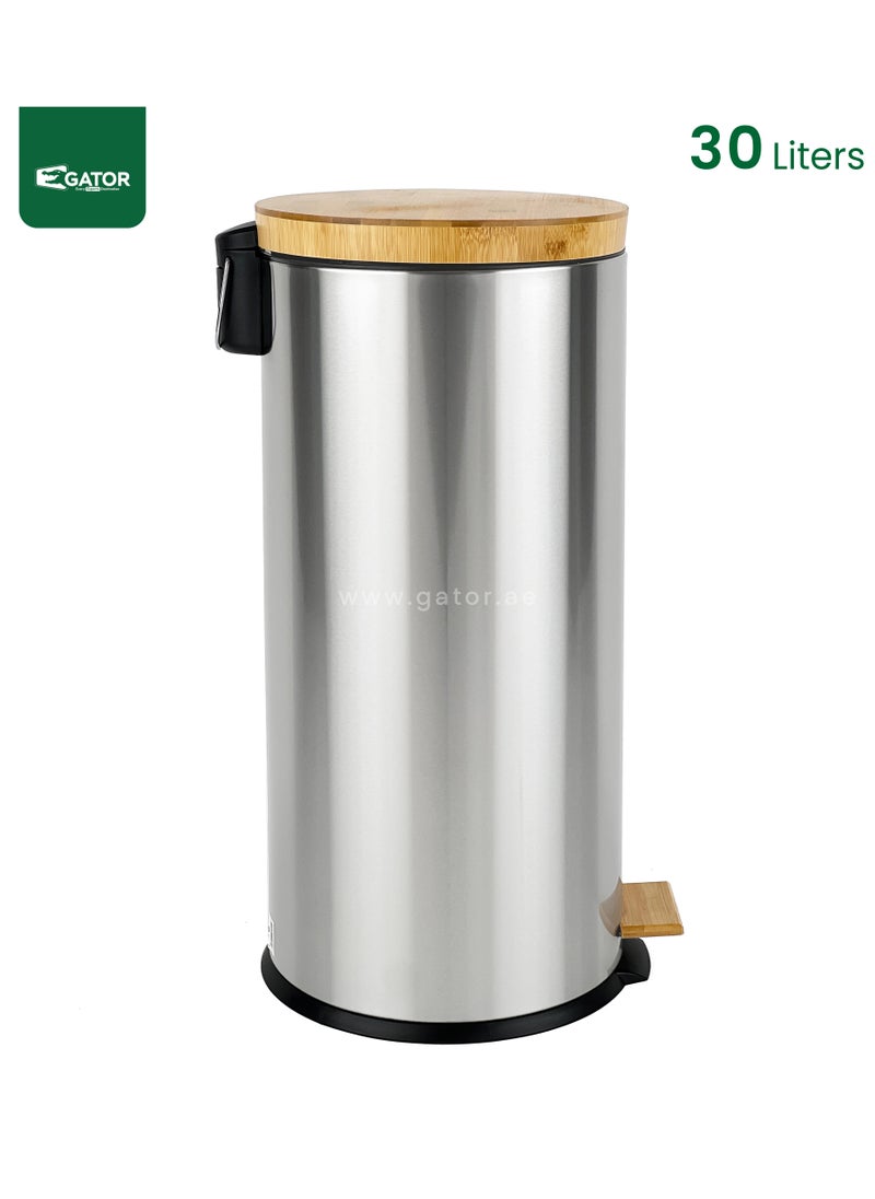 Gator - Gator Pedal Bin with Soft Close Bamboo Lid 30L Silver - Image 1