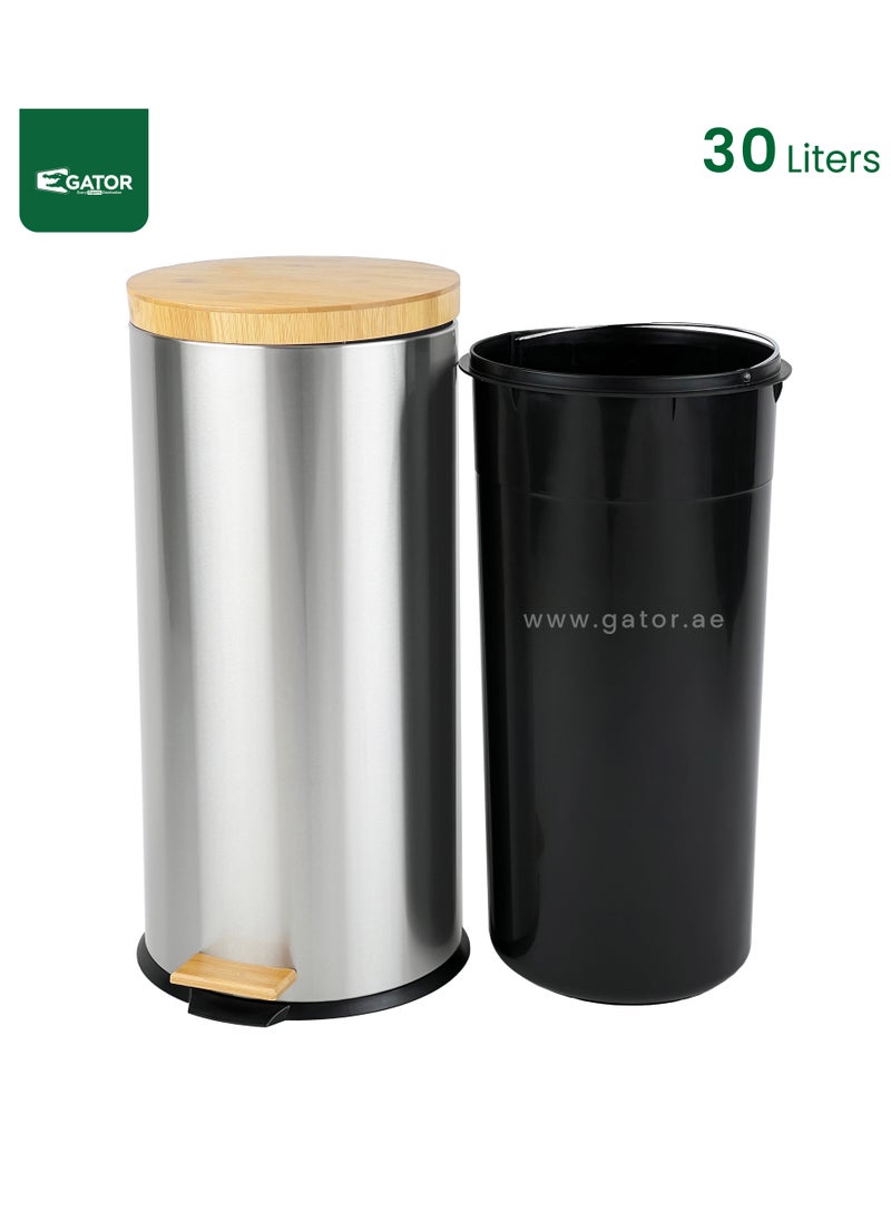 Gator - Gator Pedal Bin with Soft Close Bamboo Lid 30L Silver - Image 1