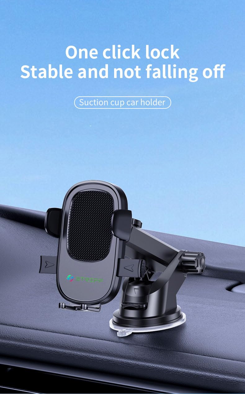 STRIFF Adjustable Car Mobile Holder for Windshield, Dashboard and Other Suitable Surfaces, Strong Suction Cup, 360° Rotatable,Compatible with 4 to 6 inch Devices, One Click Quick Release(Black) - Image 2