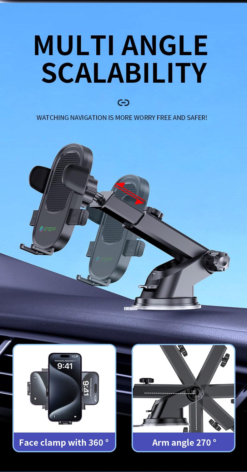 STRIFF Adjustable Car Mobile Holder for Windshield, Dashboard and Other Suitable Surfaces, Strong Suction Cup, 360° Rotatable,Compatible with 4 to 6 inch Devices, One Click Quick Release(Black) - Image 3