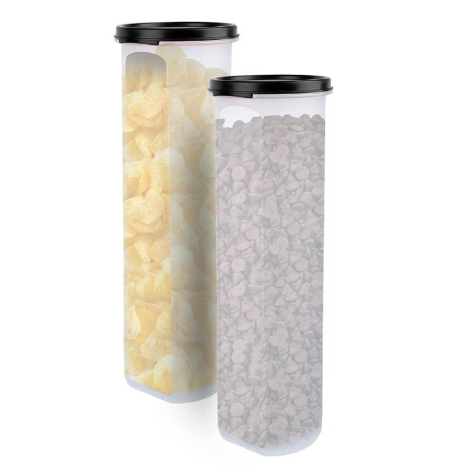 SMART SLIM STORAGE AIRTIGHT PLASTIC ROUND MODULAR CONTAINER FOR SPAGHETTI PASTA JUICE SNACKS STACKABLE BPA FREE 1100ML BLACK PACK OF 2