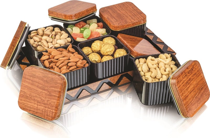 Nabhya Bellagio Wooden 6pc Multipurpose Airtight Dry Fruit Container With Lid & Serving Tray, Kitchen Food Storage Container Set, Diwali Gifting Items For Friends, Family Employees,(Pack Of 6) (Brown) - Image 5