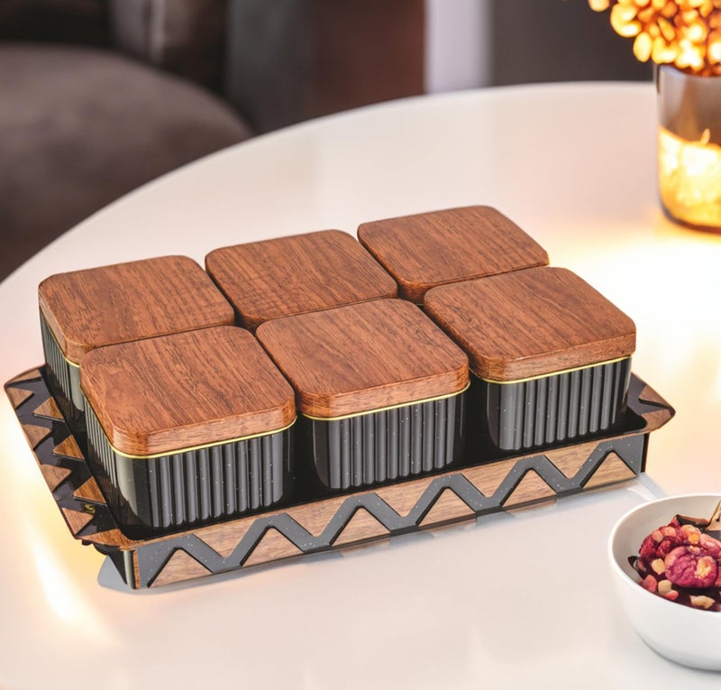Nabhya Bellagio Wooden 6pc Multipurpose Airtight Dry Fruit Container With Lid & Serving Tray, Kitchen Food Storage Container Set, Diwali Gifting Items For Friends, Family Employees,(Pack Of 6) (Brown) - Image 1