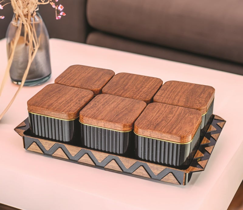 Nabhya Bellagio Wooden 6pc Multipurpose Airtight Dry Fruit Container With Lid & Serving Tray, Kitchen Food Storage Container Set, Diwali Gifting Items For Friends, Family Employees,(Pack Of 6) (Brown) - Image 2