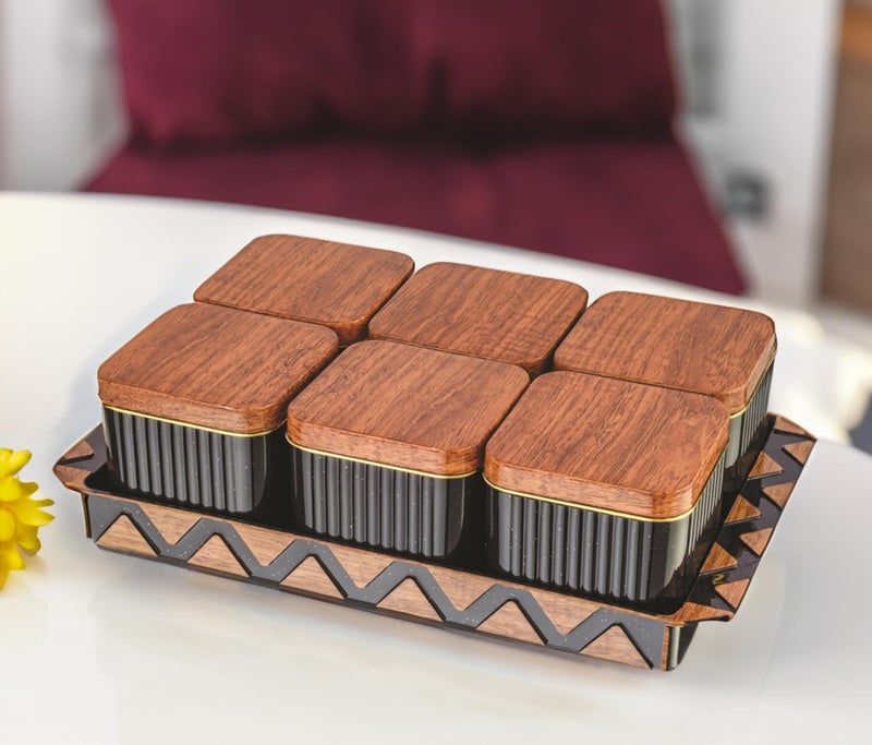 Nabhya Bellagio Wooden 6pc Multipurpose Airtight Dry Fruit Container With Lid & Serving Tray, Kitchen Food Storage Container Set, Diwali Gifting Items For Friends, Family Employees,(Pack Of 6) (Brown) - Image 3