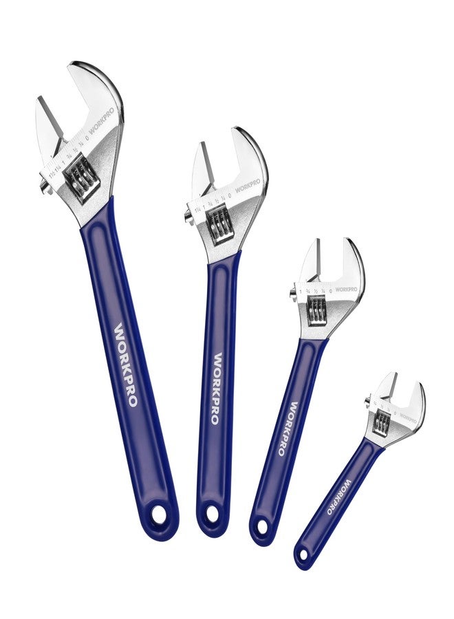 WORKPRO Adjustable Wrench Set, 6-inch, 8-inch, 10-inch, 12-inch Wide Jaw Wrenches with SAE and Metric Scales, Rubber Grip, Heat-Treated Steel for Home Repairs, Plumbing, and Garage Work - Image 1