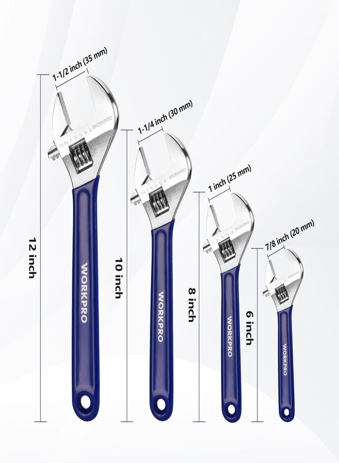 WORKPRO Adjustable Wrench Set, 6-inch, 8-inch, 10-inch, 12-inch Wide Jaw Wrenches with SAE and Metric Scales, Rubber Grip, Heat-Treated Steel for Home Repairs, Plumbing, and Garage Work - Image 2