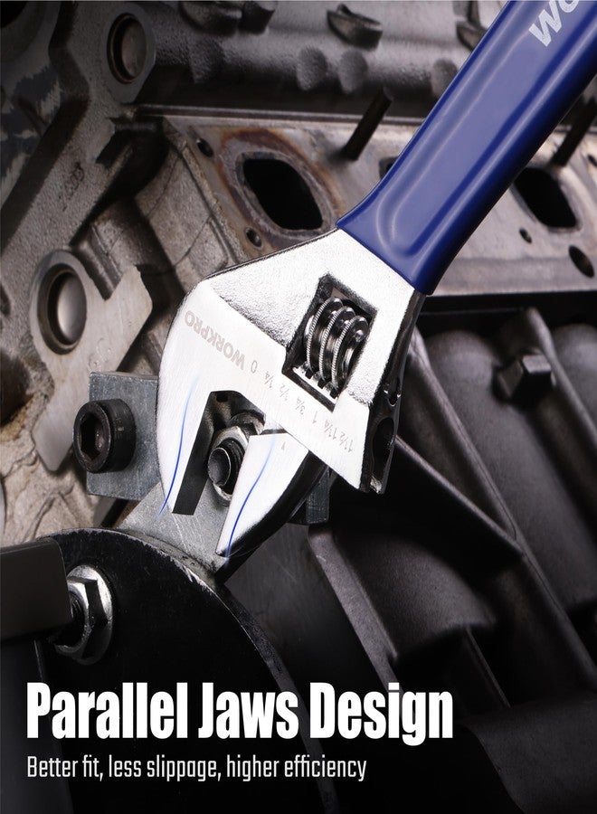 WORKPRO Adjustable Wrench Set, 6-inch, 8-inch, 10-inch, 12-inch Wide Jaw Wrenches with SAE and Metric Scales, Rubber Grip, Heat-Treated Steel for Home Repairs, Plumbing, and Garage Work - Image 4