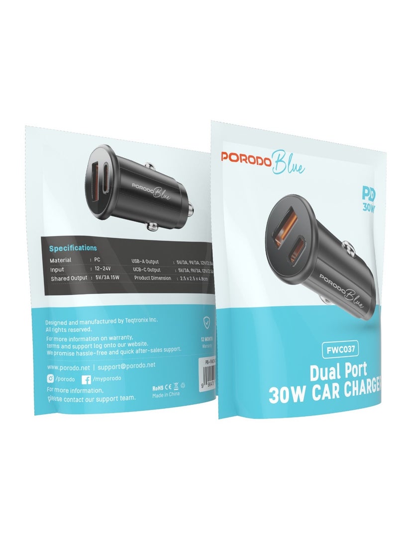 porodo Dual Port 30W Car Charger /USB-A and USB-C Ports / Compact and Powerful Charging Solution / Fast and Safe Charging During Travel - Black  - Image 3