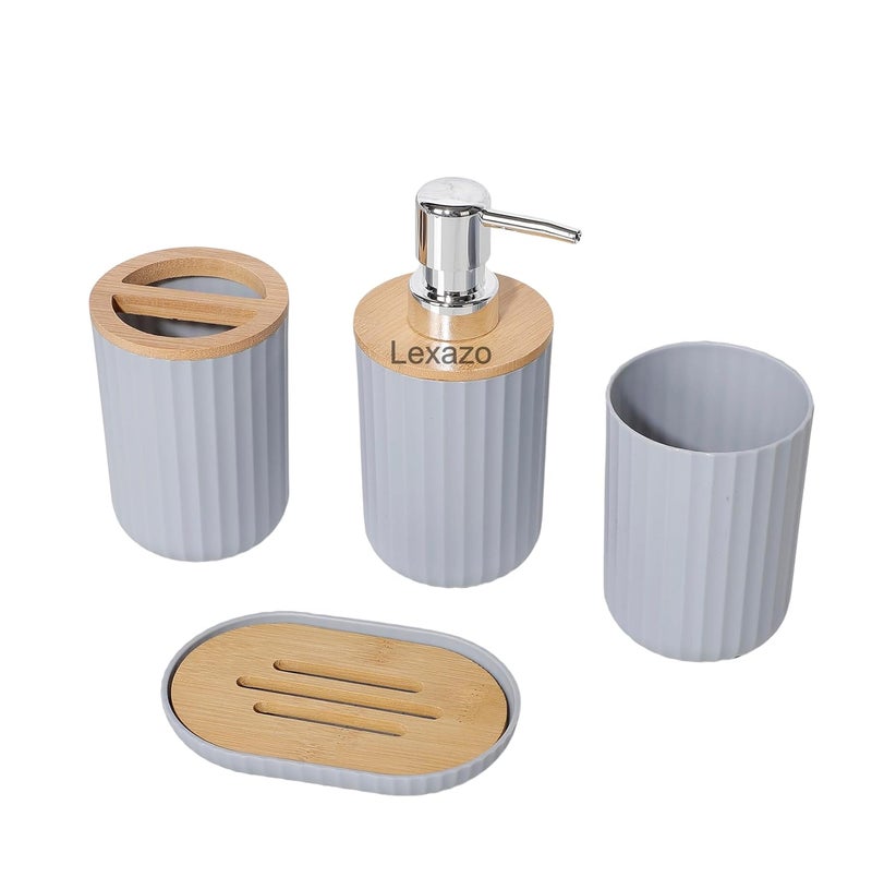 Lexazo 6PCS Bathroom Accessories Set Bathroom DecorSoap Dispenser Plastic Bamboo Bath Ensemble Kit Lotion Dispenser Toothpaste Dispenser Toilet Brush Holder Trash Can Grey - Image 3