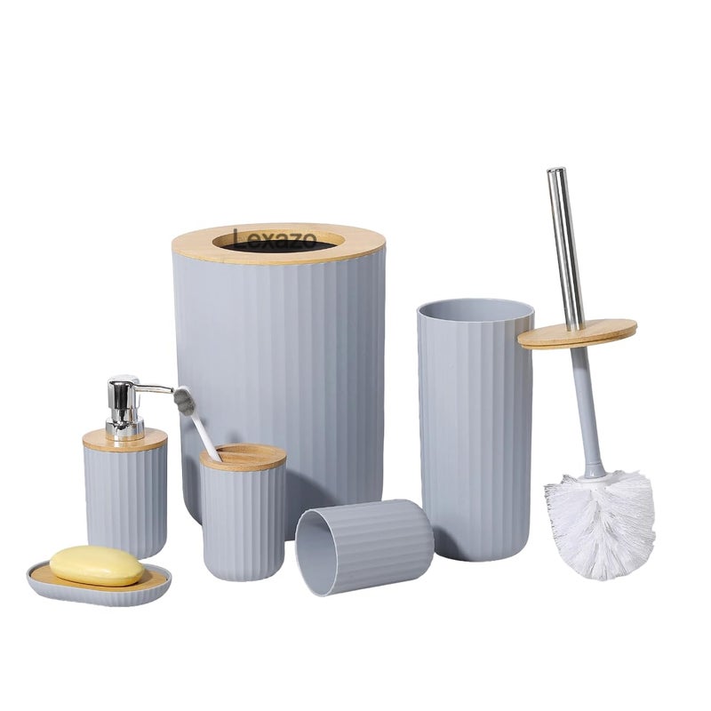 Lexazo 6PCS Bathroom Accessories Set Bathroom DecorSoap Dispenser Plastic Bamboo Bath Ensemble Kit Lotion Dispenser Toothpaste Dispenser Toilet Brush Holder Trash Can Grey - Image 1