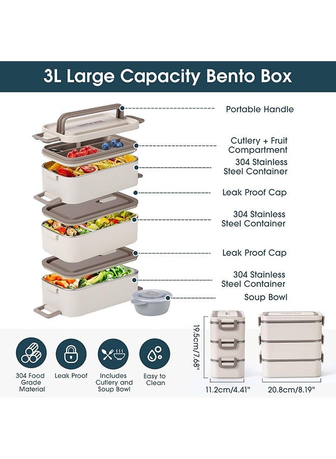 YelaJoy Bento Box Adult Lunch Box, Stackable 3 Layer 304 Stainless Steel Lunch box for Adults Kids Office, 3L Large Capacity Portable Lunch Box Containers with Soup Bowl Spoon  - Image 2