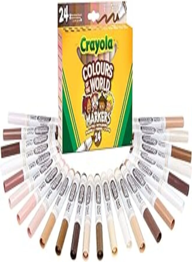 Crayola أقلام تحديد ماكسي بطرف قابل للغسل مقاس واحد من CRAYOLA 58-7804، عبوة من 24، مجموعة متنوعة تمثل لون بشرة الأشخاص حول العالم، بدون لون، بني