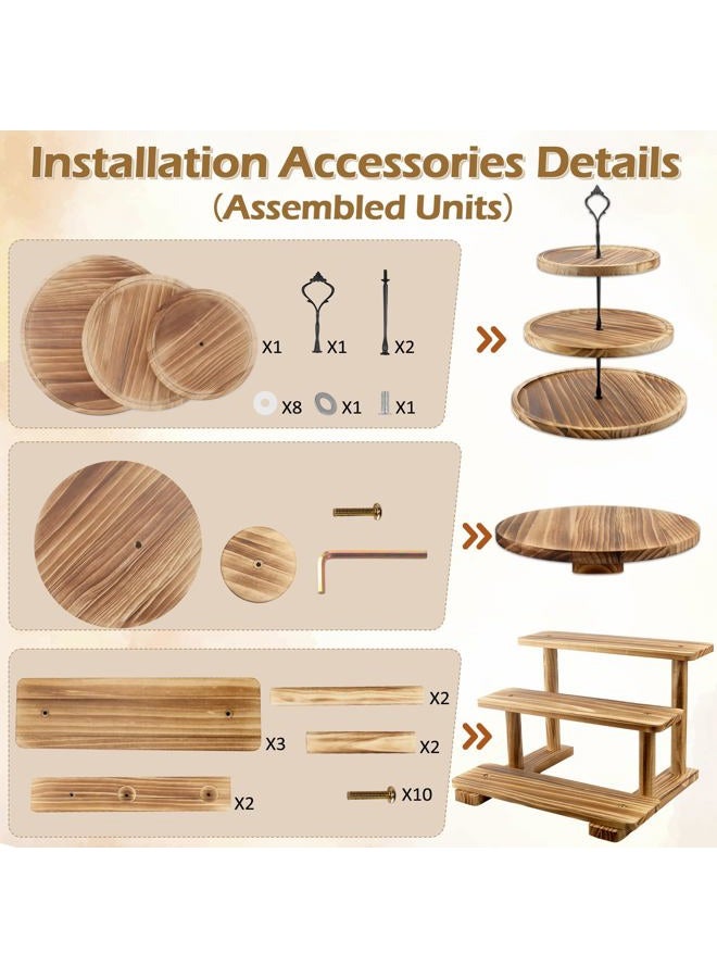 Esmorah Wooden Dessert Table Display Set of 6, Cake and Cupcake Stand Combo (Includes: 2 Three-tier Wooden Cupcake Stands, 1 Cake Stand with Base, 3 Wood Cupcake Display Trays) for Wedding/Party - Image 4