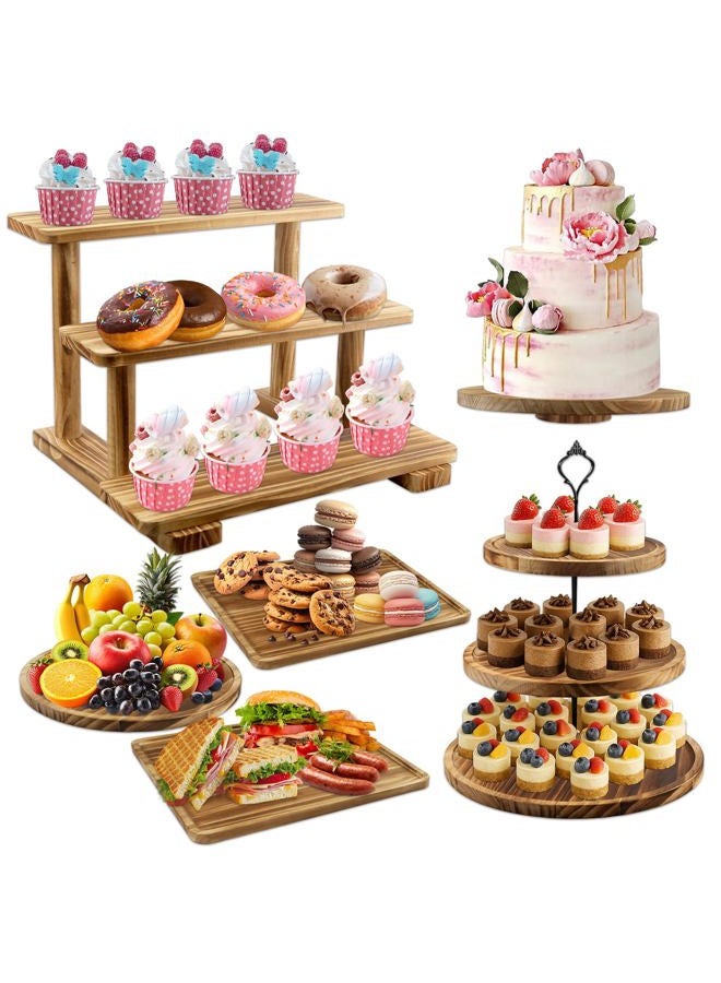Esmorah Wooden Dessert Table Display Set of 6, Cake and Cupcake Stand Combo (Includes: 2 Three-tier Wooden Cupcake Stands, 1 Cake Stand with Base, 3 Wood Cupcake Display Trays) for Wedding/Party - Image 1