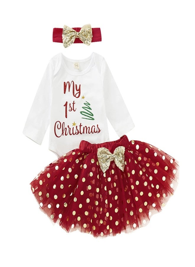 Gureui My 1st Christmas Outfit Newborn Baby Girl Xmas Clothes First Long Sleeve Romper Onesie Skirt Dress Sets (A Red My 1st Christmas, 3-6 Months) - Image 1