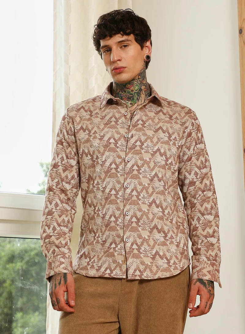 Campus Sutra Men's Geometric Pattern Cotton Blend Full Sleeve Shirt | أكمام قصيرة | مطبوع | ملابس كاجوال ويومية | طوق منتشر
