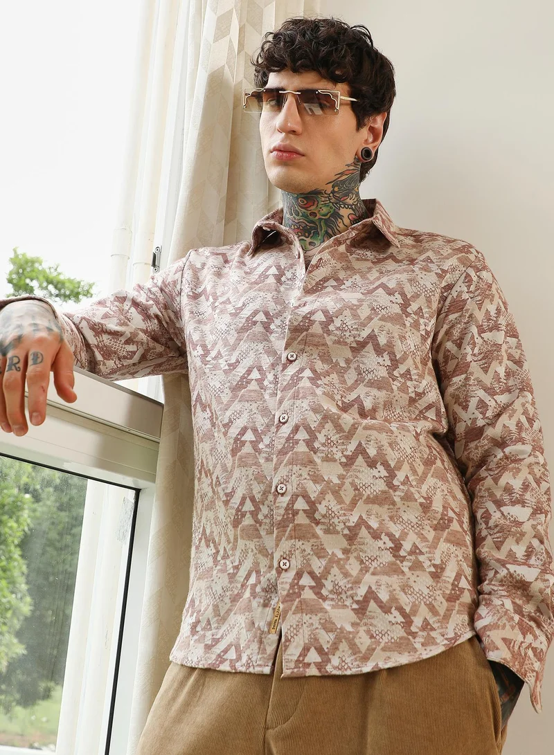 Campus Sutra Men's Geometric Pattern Cotton Blend Full Sleeve Shirt | أكمام قصيرة | مطبوع | ملابس كاجوال ويومية | طوق منتشر