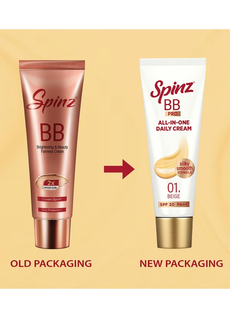 Spinz Spinz BB Pro Brightening & Beauty Face Cream with SPF 20 PA++ (Beige 01) | All-in-One Daily Cream with Silky Smooth Formula | Instant Brightness, Covers Dark Spots (29g) - Image 2