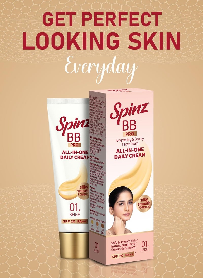Spinz Spinz BB Pro Brightening & Beauty Face Cream with SPF 20 PA++ (Beige 01) | All-in-One Daily Cream with Silky Smooth Formula | Instant Brightness, Covers Dark Spots (29g) - Image 4
