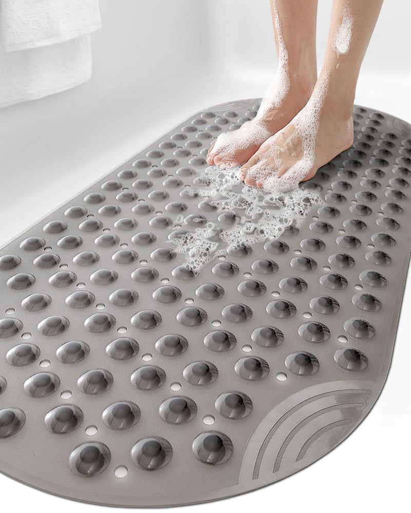 DEXI Bathtub Mat Non Slip 16x35 Shower Floor Mats for Bathroom Bath Tub Washable Oval Bathmat with Suction Cups and Drain Holes Clear Gray