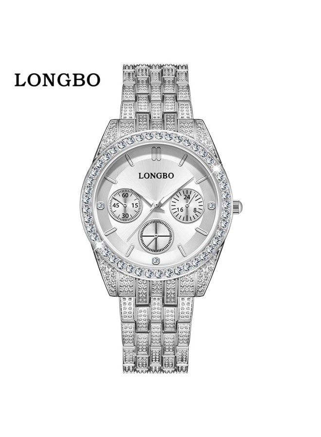 LONGBO Silver Crystal-Encrusted Multifunction Watch - Luxury Fashion Timepiece for Men