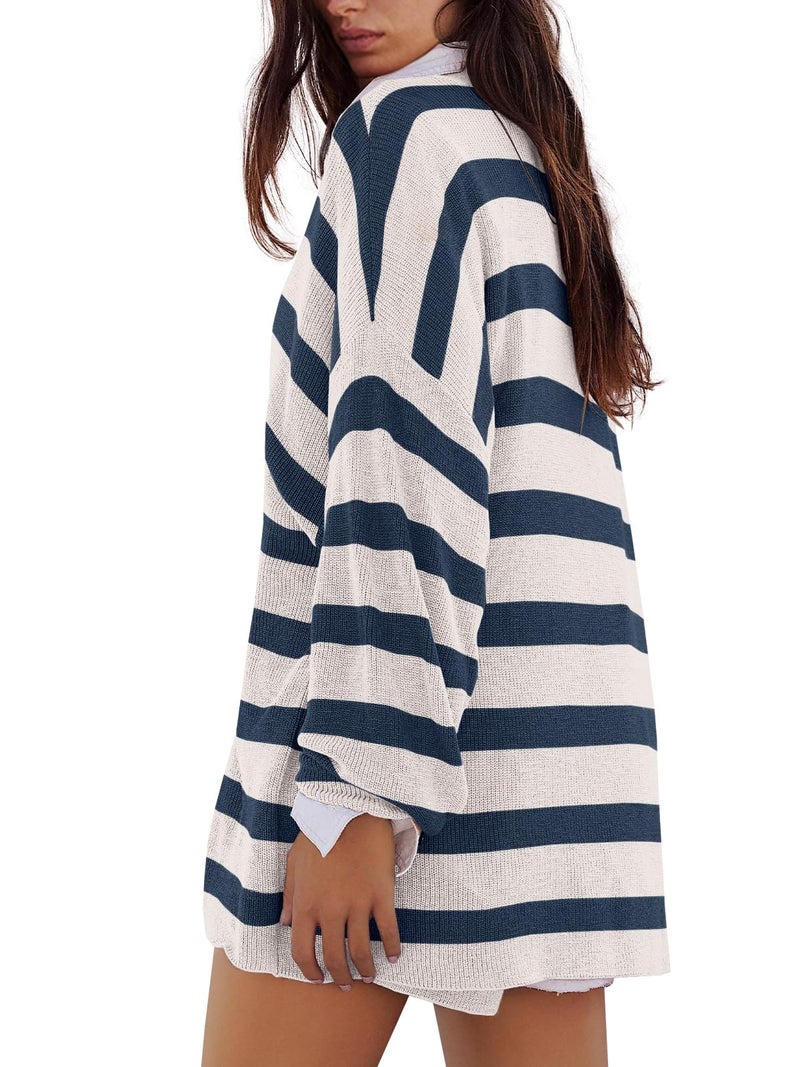 Panadila Womens Striped Sweater Set Oversized Lounge Sets Matching Pajamas Long Sleeve Sweater Top and Shorts (Blue White,L) - Image 3