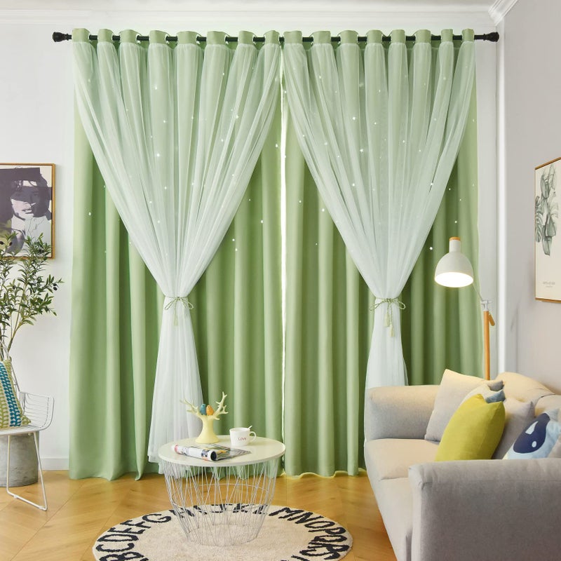 Loyala Star Double Layer Blackout Curtains for Bedroom Kids Cute 84 Inch Long 2 Panel Set Green 42 x 84 Inch