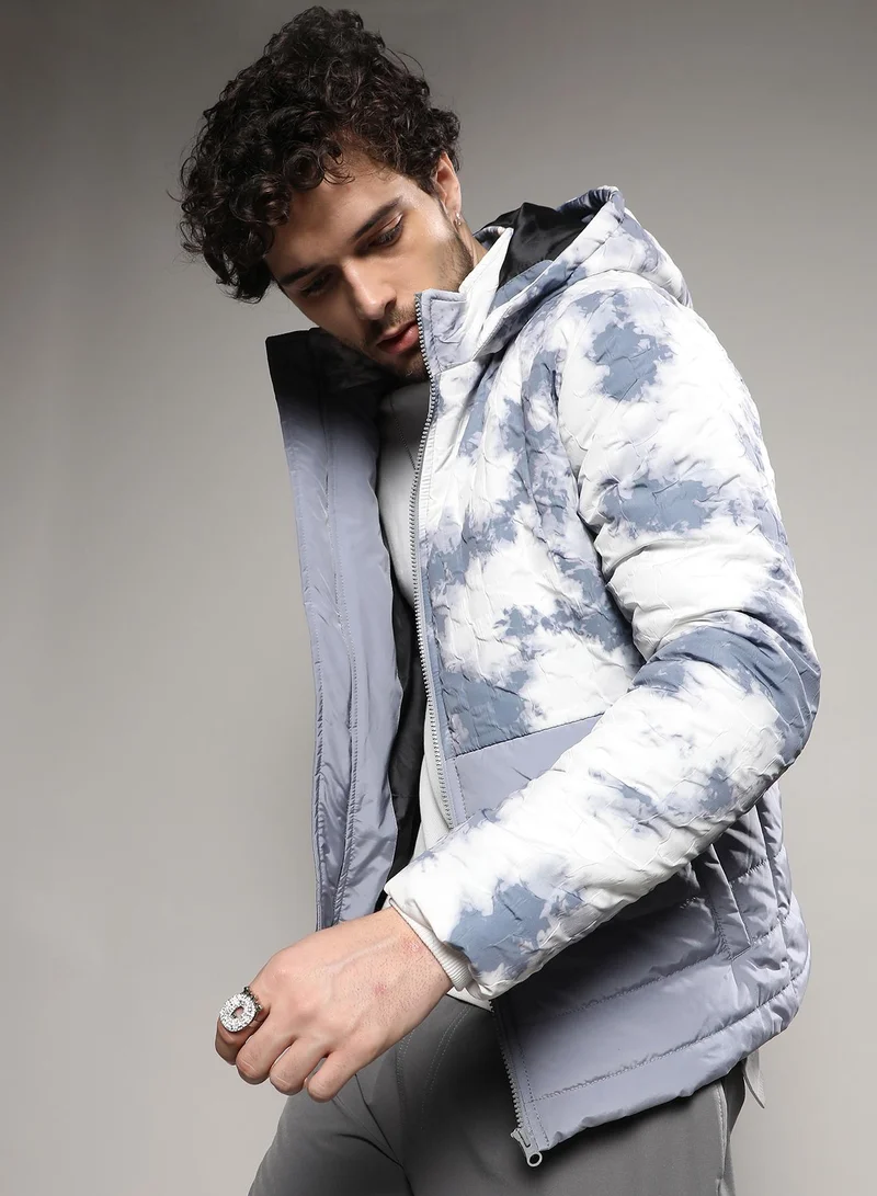 Campus Sutra Men's White & Light Grey Tie-Dye Block Puffer Jacket