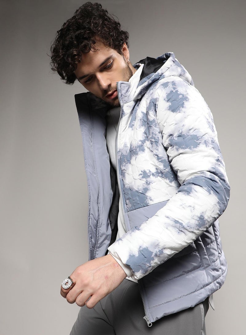Campus Sutra Men's White & Light Grey Tie-Dye Block Puffer Jacket - Image 3