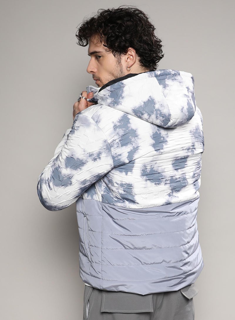 Campus Sutra Men's White & Light Grey Tie-Dye Block Puffer Jacket - Image 5