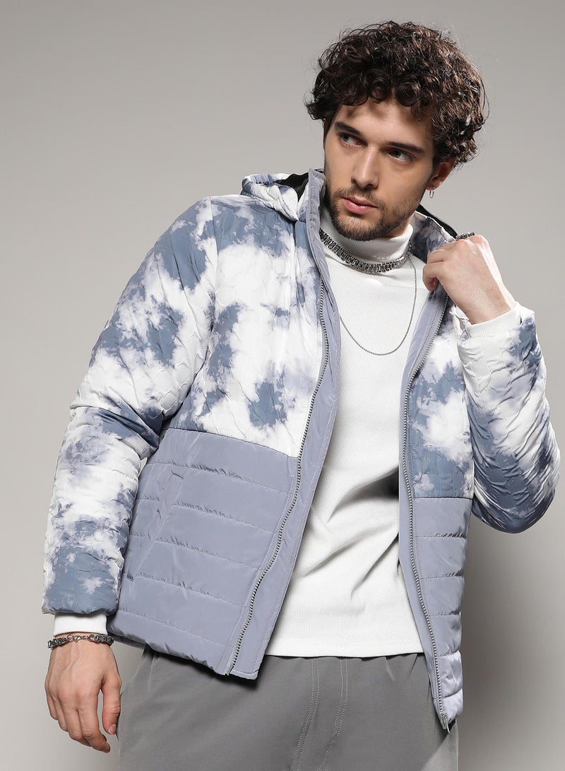 Campus Sutra Men's White & Light Grey Tie-Dye Block Puffer Jacket - Image 2