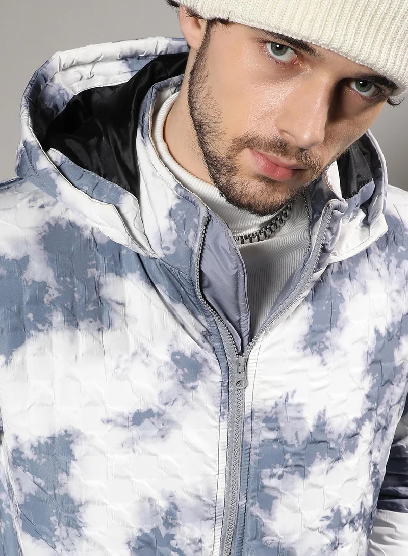 Campus Sutra Men's White & Light Grey Tie-Dye Block Puffer Jacket