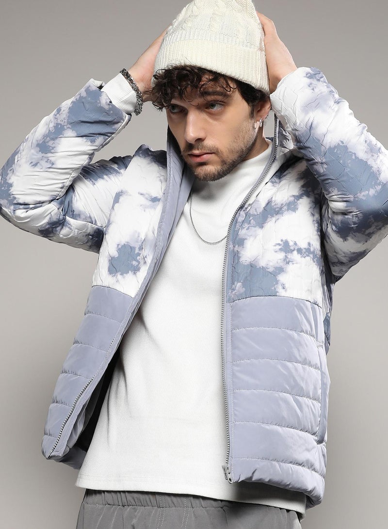 Campus Sutra Men's White & Light Grey Tie-Dye Block Puffer Jacket - Image 1