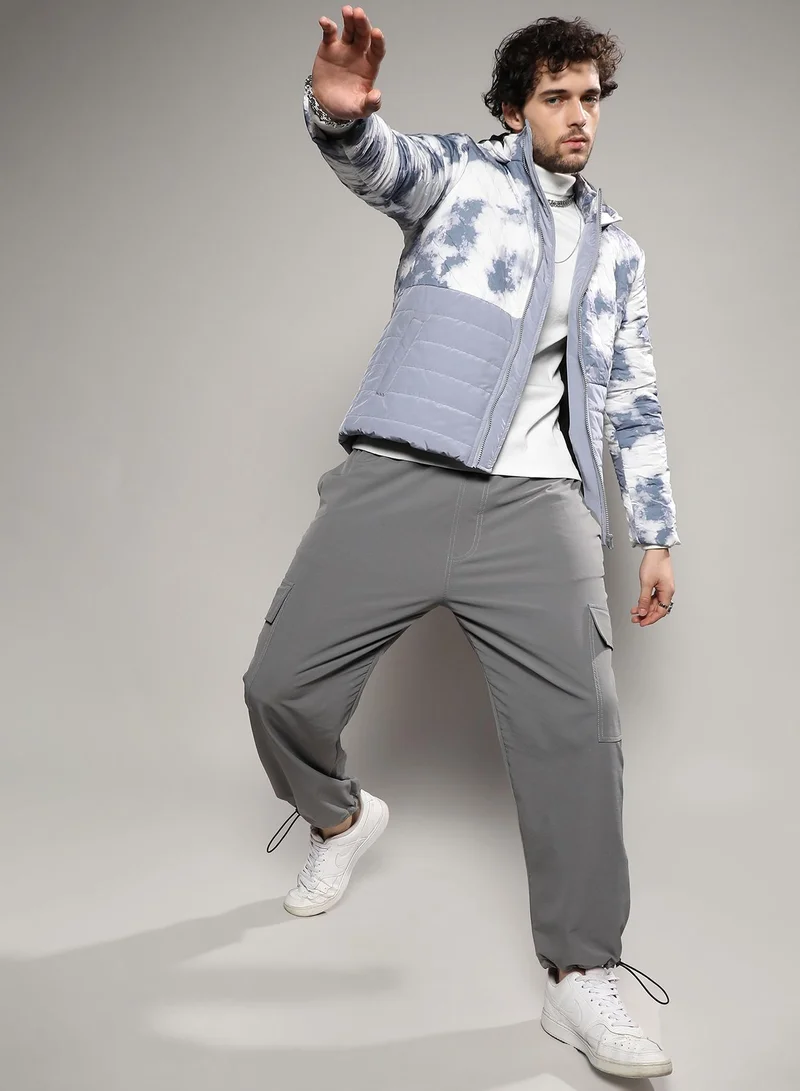 Campus Sutra Men's White & Light Grey Tie-Dye Block Puffer Jacket
