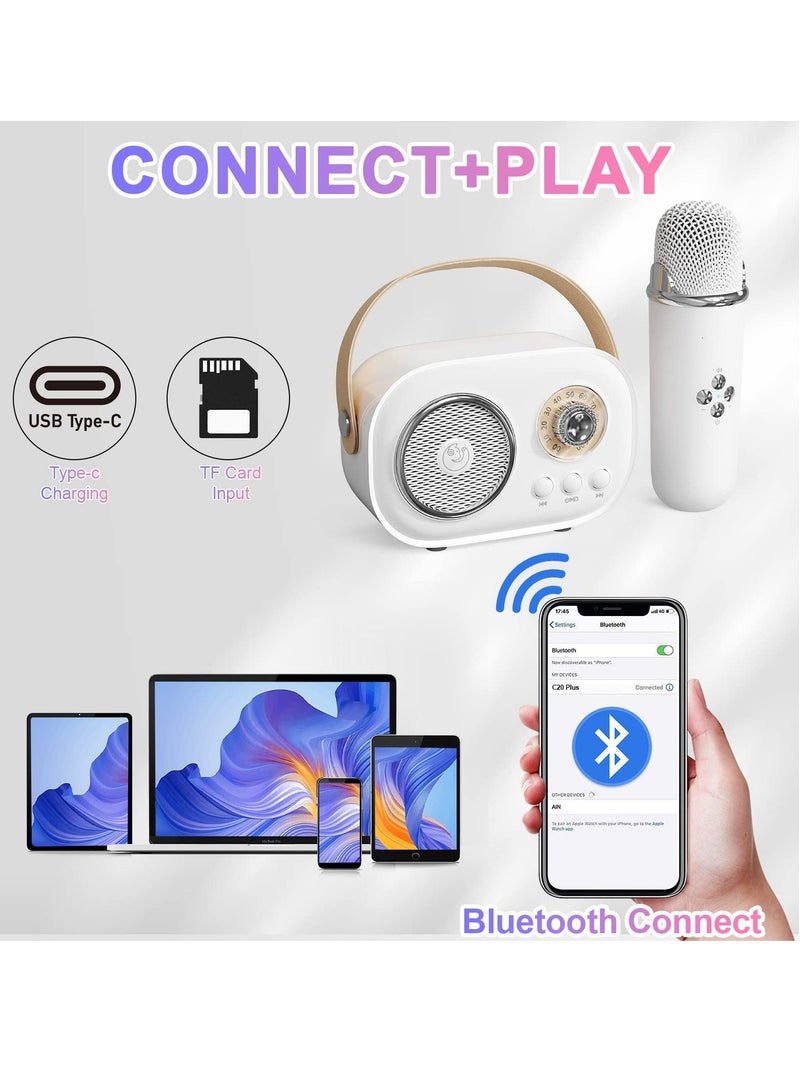 Mini Karaoke Machine with Wireless Microphone Set Portable Bluetooth Karaoke Speaker Retro Handheld Style Bluetooth Speaker for Kids and Adults for Family Party Singing Party Birthday White - Image 3