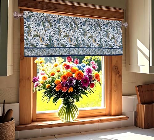 EZ.enjoy EZenjoy Blue Flowers Window Curtain Valance Boho for Decorative Privacy Rod Pocket 52 X 16 Inches - Image 3