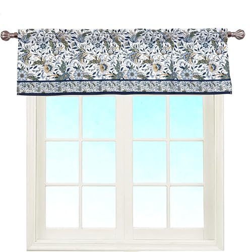 EZ.enjoy EZenjoy Blue Flowers Window Curtain Valance Boho for Decorative Privacy Rod Pocket 52 X 16 Inches - Image 1