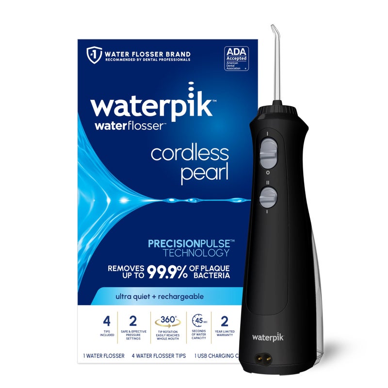 Waterpik Cordless Pearl Rechargeable Portable Water Flosser for Teeth, Gums, Braces Care and Travel with 4 Flossing Tips - ADA Accepted, WF-13 Black, Packaging May Vary - Image 1