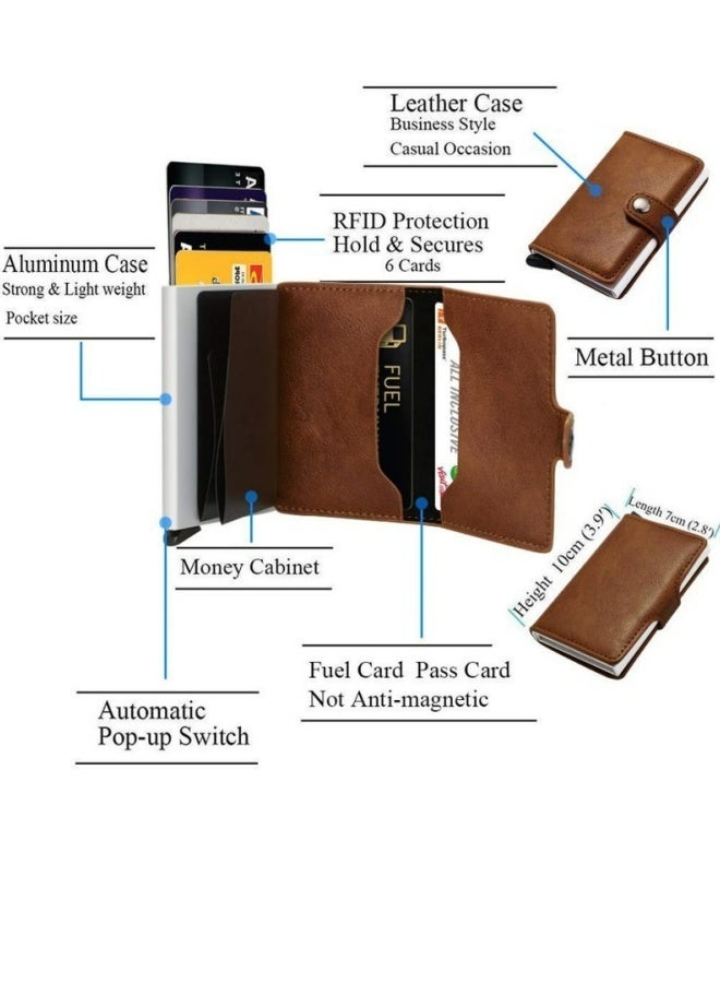Men's Automatic PU Leather Credit Card Holder RFID Blocking Minimalist Slim Metal Card Organizer Brown For Daily Use Travel Office - Image 3