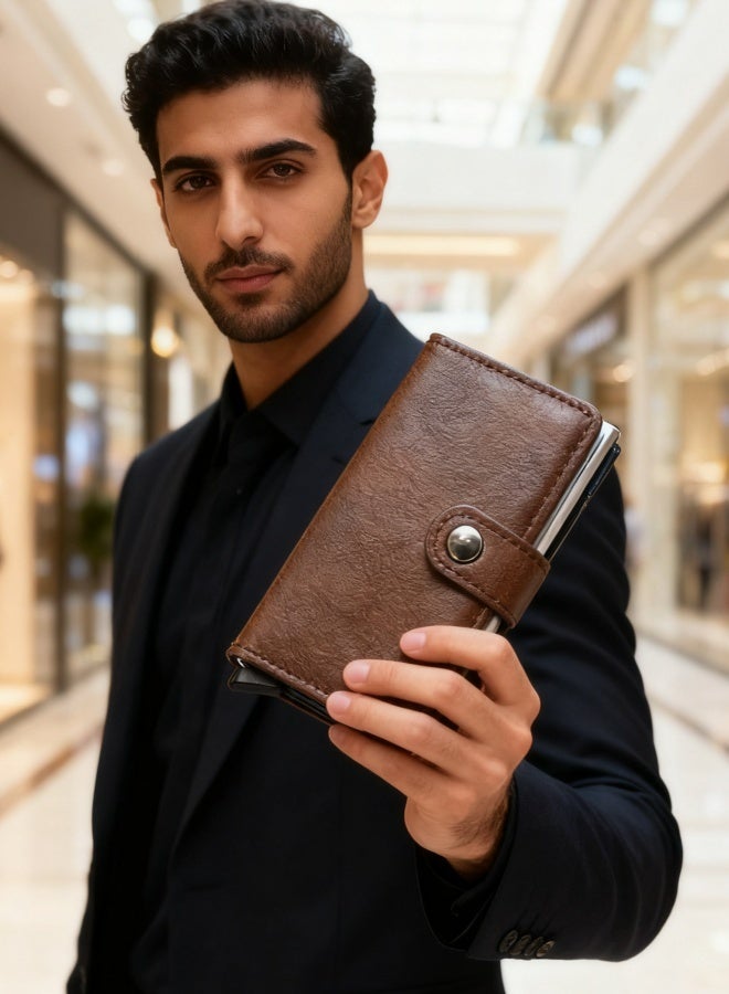 Men's Automatic PU Leather Credit Card Holder RFID Blocking Minimalist Slim Metal Card Organizer Brown For Daily Use Travel Office - Image 5