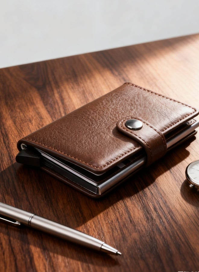 Men's Automatic PU Leather Credit Card Holder RFID Blocking Minimalist Slim Metal Card Organizer Brown For Daily Use Travel Office - Image 4