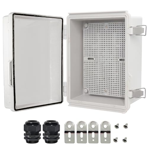 Zulkit Junction Box,IP67 Waterproof Electrical Box Hinged Cover Stainless Steel Latch Plastic Enclosure for Project with Mounting Plate Wall Bracket and 2 Cable Gland Grey 8.7"x6.7"x4.3"/220x170x110mm - Image 1