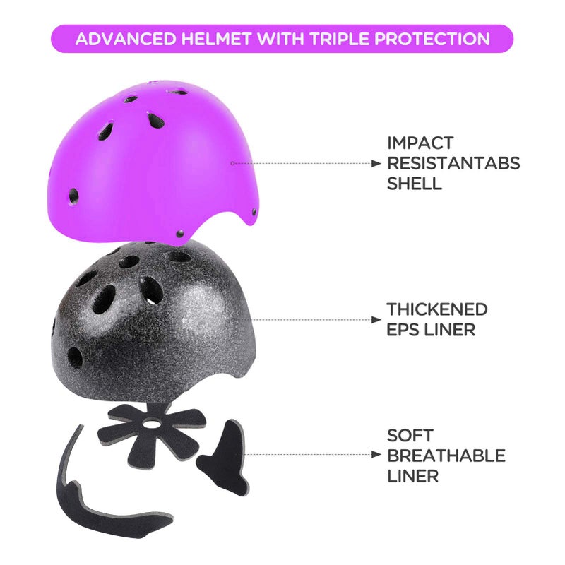 TCCVANAS Kids Bike Helmet Set, CPSC Certified with Knee Pads Elbow Pads Wrist Guards,Adjustable Helmet for Ages 5-8-12-15 Toddler Kids&Youth,Bicycle Skateboarding Helmet Scooter Roller Skate(Purple) - Image 2